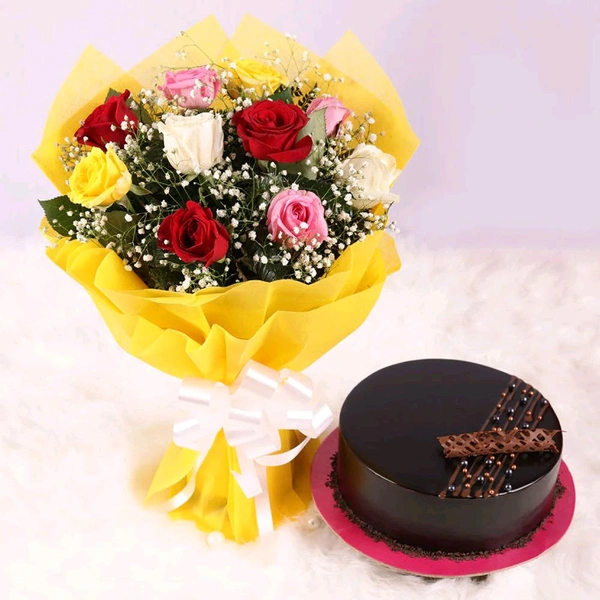 10 Mix Roses With Chocolate Cake