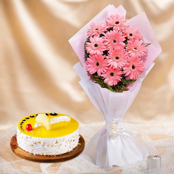 10 Pink Gerberas With Pineapple Cake