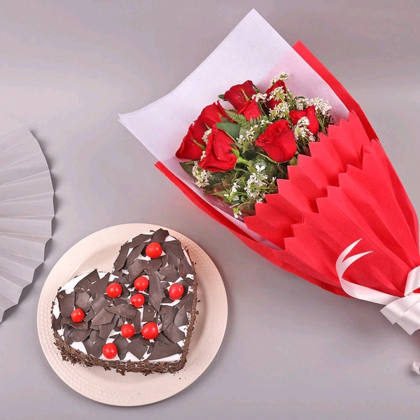8 Red Roses With Black Forest Cake