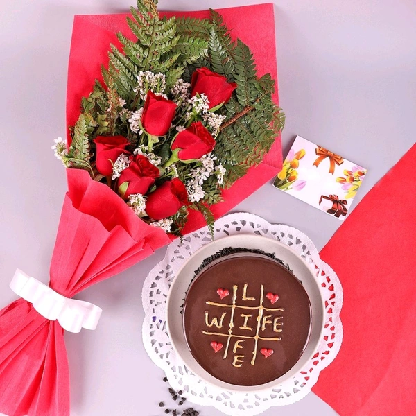 6 Red Roses With Black Forest Cake