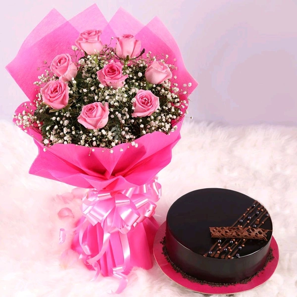 8 Pink Roses With Chocolate Cake
