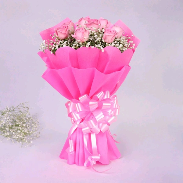 8 Pink Roses With Chocolate Cake