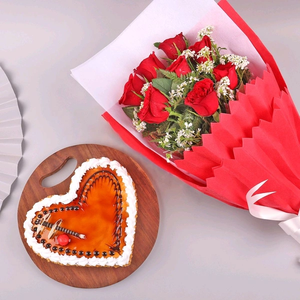 8 Red Roses With Butterscotch Cake