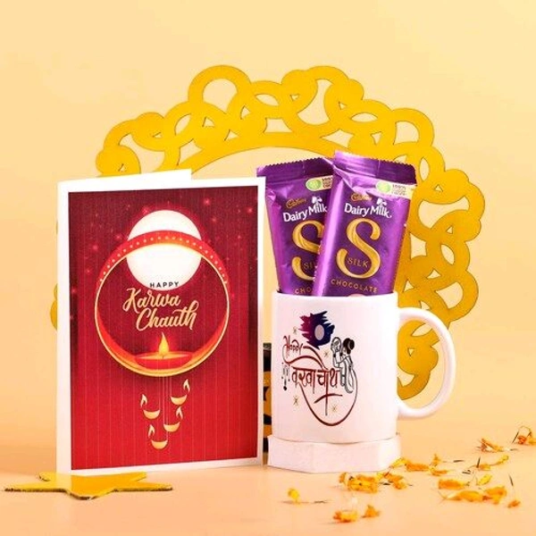 Mug And Chocolates With Karwa Chauth Greetings