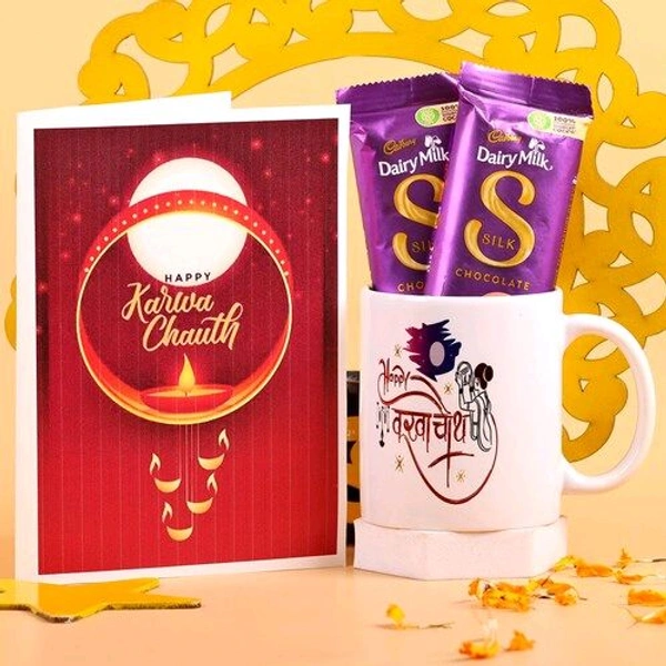 Mug And Chocolates With Karwa Chauth Greetings