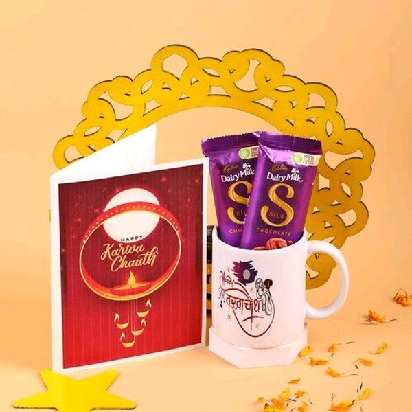Mug And Chocolates With Karwa Chauth Greetings