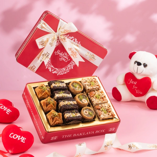 Assorted Red Tin Chocolate Baklava Box With White Ribbon Packing - 350 Gm