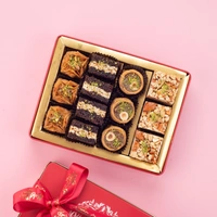 Assorted Red Tin Chocolate Baklava Box With White Ribbon Packing - 350 Gm
