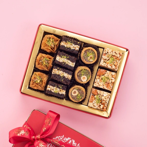 Assorted Red Tin Chocolate Baklava Box With White Ribbon Packing - 350 Gm
