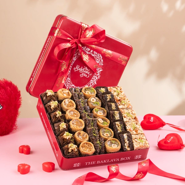 Red Tin Assorted Chocolate Baklava Box With Red Ribbon - 1 Kg