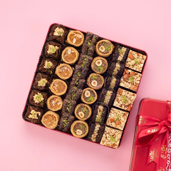 Red Tin Assorted Chocolate Baklava Box With Red Ribbon - 1 Kg