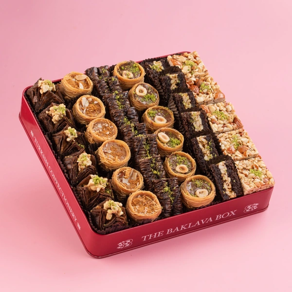 Red Tin Assorted Chocolate Baklava Box With Red Ribbon - 1 Kg