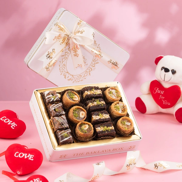 White Tin Assorted Chocolate Baklava Box With Ribbon Packing - 350 Gm