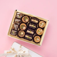 White Tin Assorted Chocolate Baklava Box With Ribbon Packing - 350 Gm