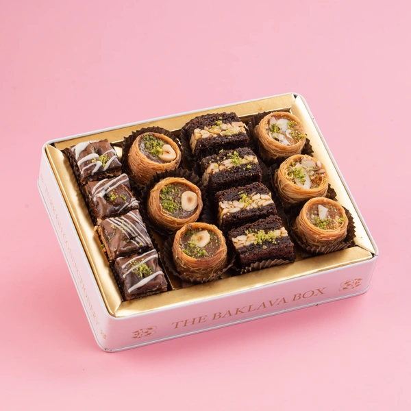 White Tin Assorted Chocolate Baklava Box With Ribbon Packing - 350 Gm