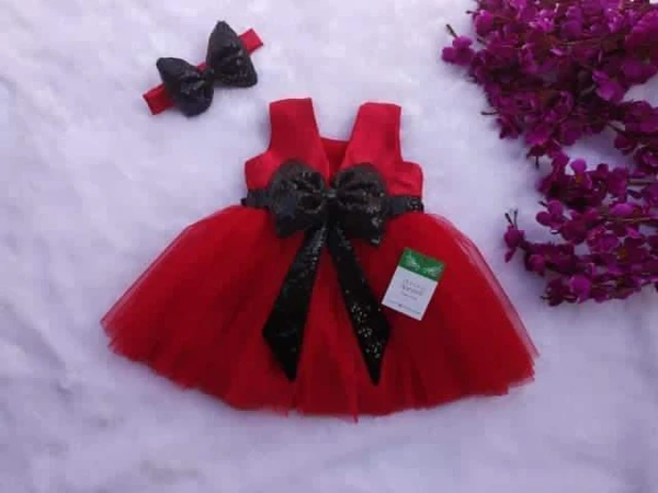 Black Sequins Bow Red Party Wear - Red, 9-12 Month