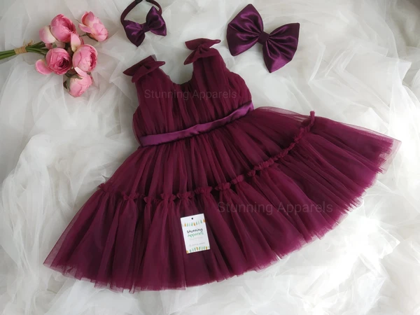 Designer Wine Ruffled Bellted Party Wear  - Wine, 1-2 Years