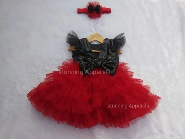 Black Sequins Red Layered Party Wear - Black And Red, 3-6 Month