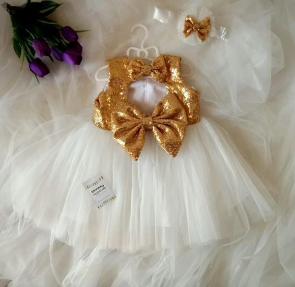 New Golden Sequins Double Bow White Party Wear - Golden & White, 0-3 Months