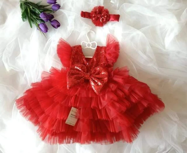 Red Sequins Red Layered Partywear - Red, 2-3 Years