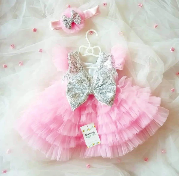 Silver Sequins Baby Pink Layered Partywear - Baby Pink, 3-6 Month
