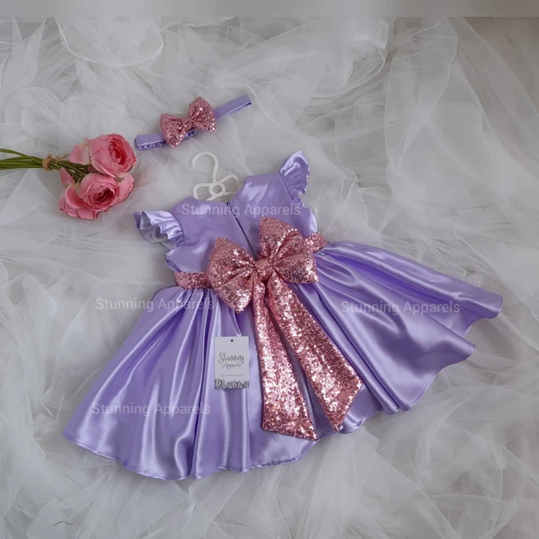 Lavender Pink Sequins Bow Belted Party Wear - Prelude, 0-3 Months