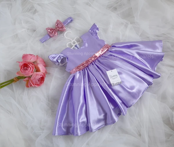 Lavender Pink Sequins Bow Belted Party Wear - Prelude, 6-9 Month