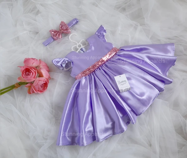 Lavender Pink Sequins Bow Belted Party Wear - Prelude, 0-3 Months