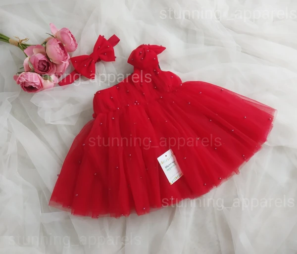 One Shoulder Pearls Work Partywear Dress  - Red, 3-6 Month