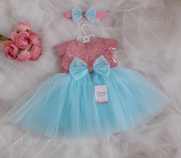 Cape Sleeves Sky Blue Partywear Frock  - Blizzard Blue, 3-6 Month