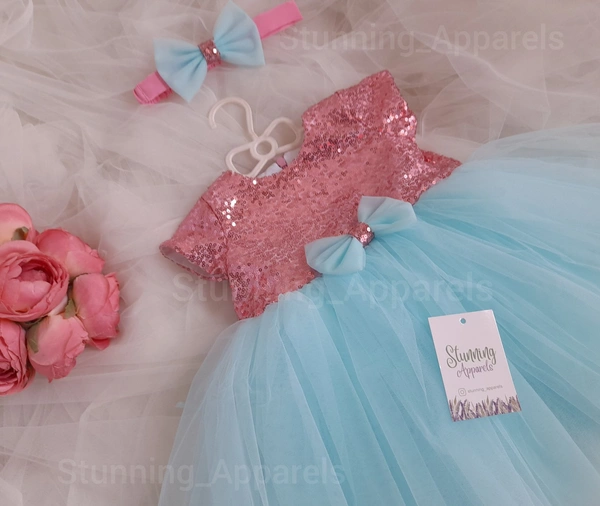 Cape Sleeves Sky Blue Partywear Frock  - Blizzard Blue, 9-12 Month
