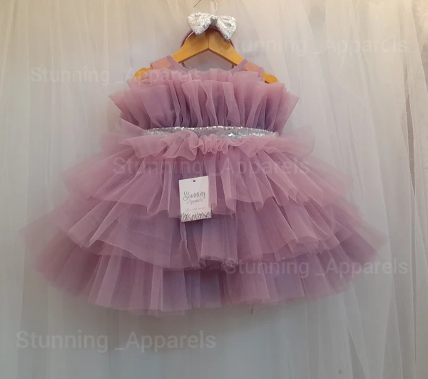 Silver Sequins Bow Layered Lavender Dress  - 0-3 Months, Trendy Pink