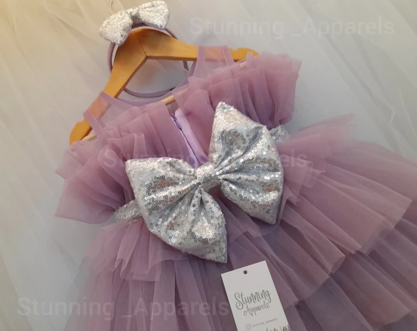 Silver Sequins Bow Layered Lavender Dress  - Lilac, 6-9 Month