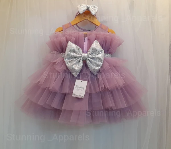 Silver Sequins Bow Layered Lavender Dress  - Lilac, 6-9 Month