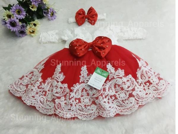 White Lace And Pearls Work Red Dress - Guardsman Red, 3-6 Month