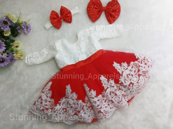 White Lace And Pearls Work Red Dress - Guardsman Red, 6-9 Month