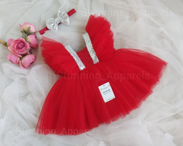 Stylish Wings  Sleeves Red Frock - Red, 0-3 Months