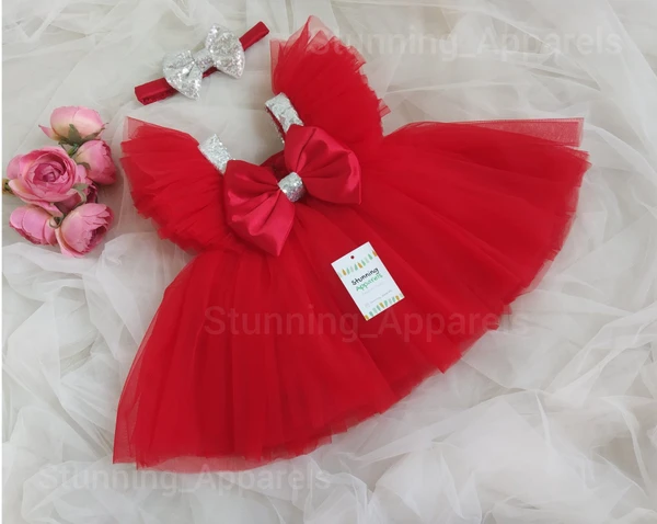 Stylish Wings  Sleeves Red Frock - Red, 6-9 Month
