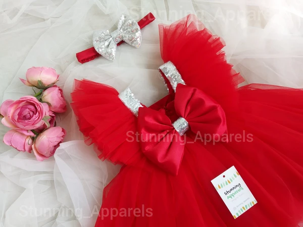 Stylish Wings  Sleeves Red Frock - Red, 6-9 Month