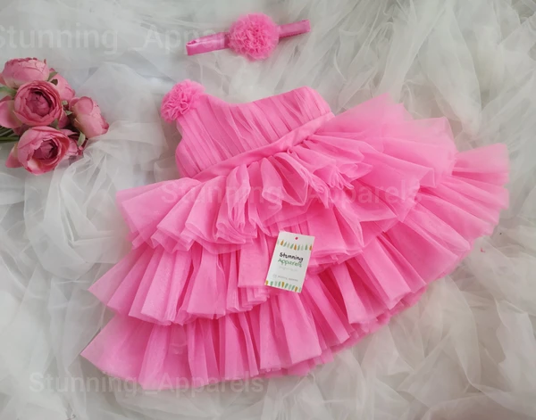 One Shoulder  Layered Fluffy Partywear Frock  - French Rose, 0-3 Months