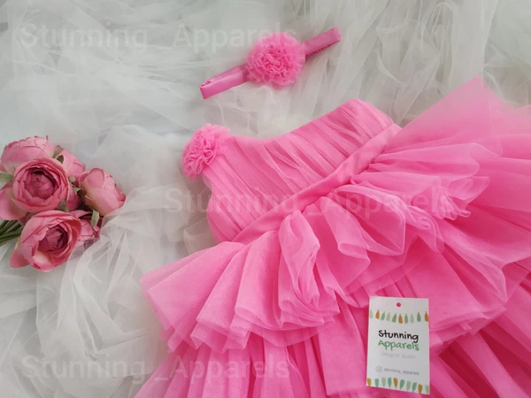 One Shoulder  Layered Fluffy Partywear Frock  - French Rose, 2-3 Years