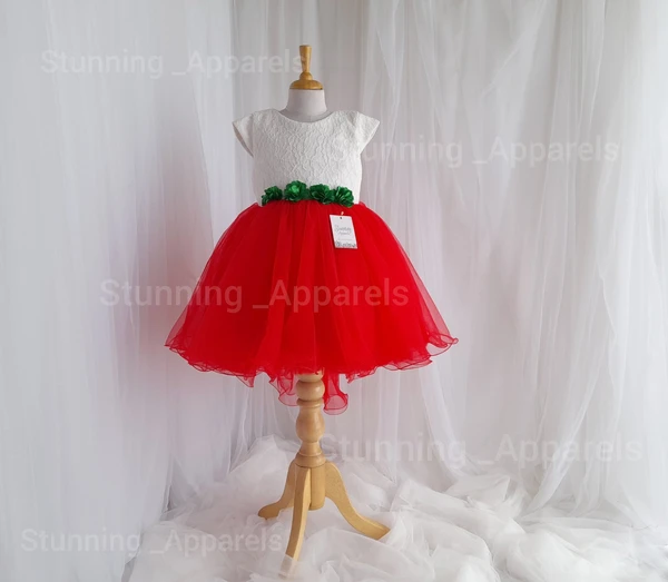 High-low Style Flowers Work Stylish Frock  - Red, 1-2 Years