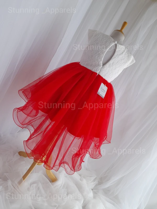 High-low Style Flowers Work Stylish Frock  - Red, 1-2 Years