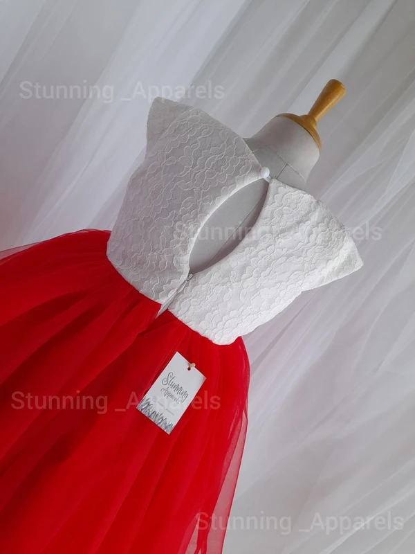 High-low Style Flowers Work Stylish Frock  - Red, 1-2 Years