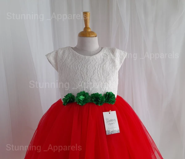 High-low Style Flowers Work Stylish Frock  - Red, 2-3 Years