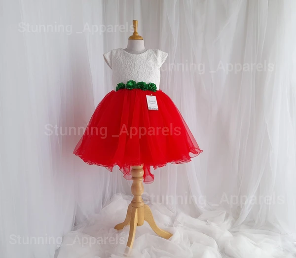 High-low Style Flowers Work Stylish Frock  - Red, 2-3 Years