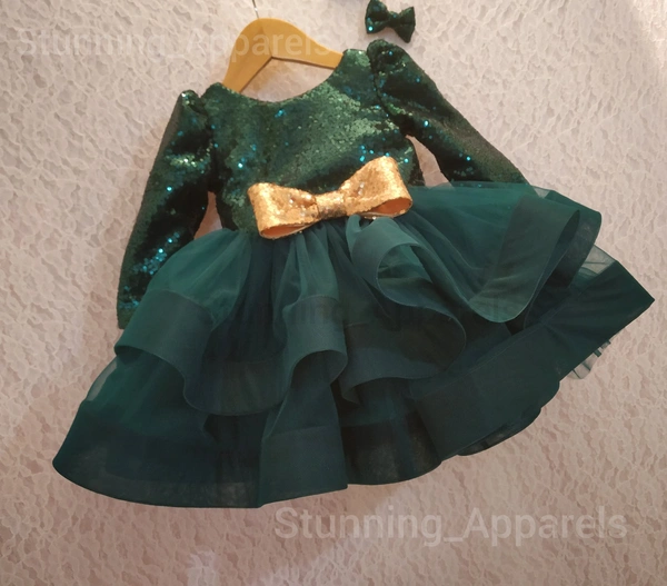 Dresigner Green Sequvence  Long Sleeves Layered Frock (Premium Shipping) - green, 9-12 Month