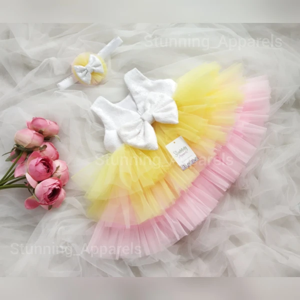 Milky Sequins Bow Multi Color Baby Pink Yellow Layered Frock  - lemon yellow, 6-9 Month