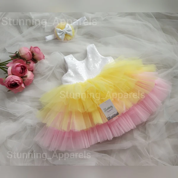 Milky Sequins Bow Multi Color Baby Pink Yellow Layered Frock  - lemon yellow, 6-9 Month