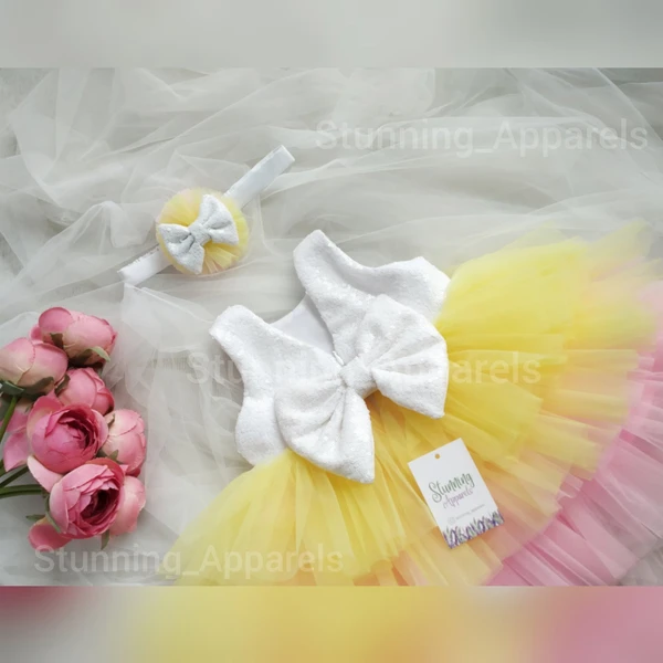 Milky Sequins Bow Multi Color Baby Pink Yellow Layered Frock  - lemon yellow, 6-9 Month